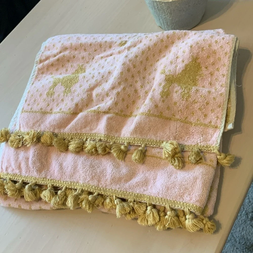 Besana Made in Italy pink & Gold Reversible Towel  POODLES Tassel Fringe vintage
